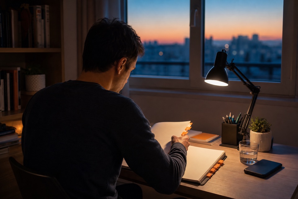 夜明け前の机で学習に集中する様子