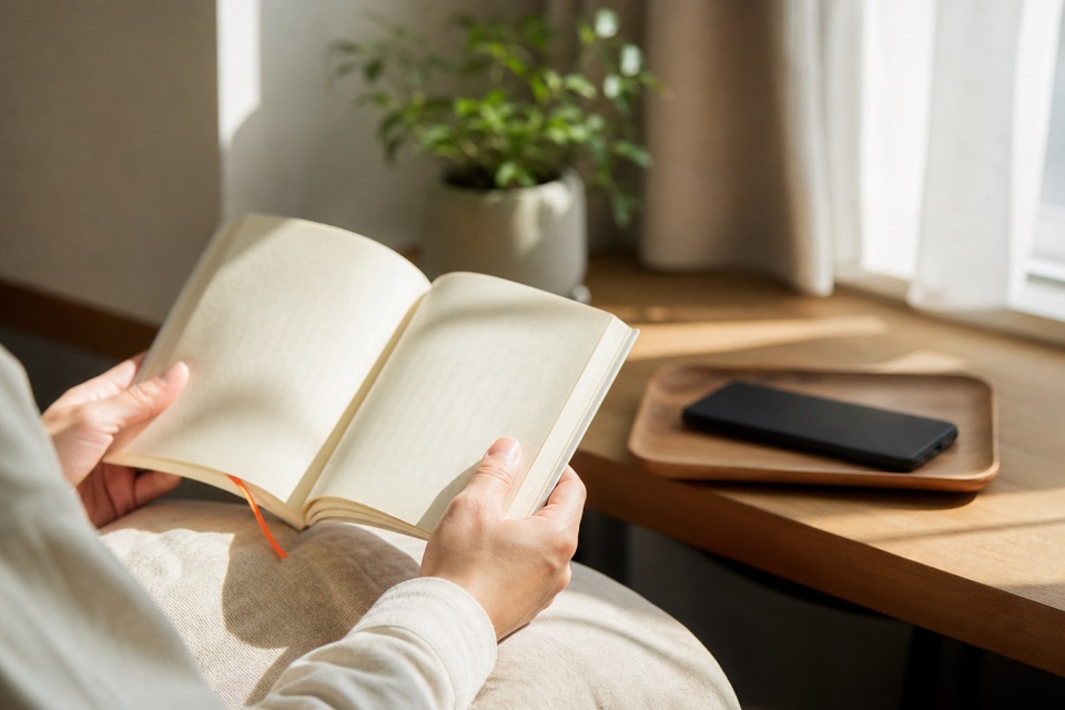 スマートフォンを離して読書に集中する様子