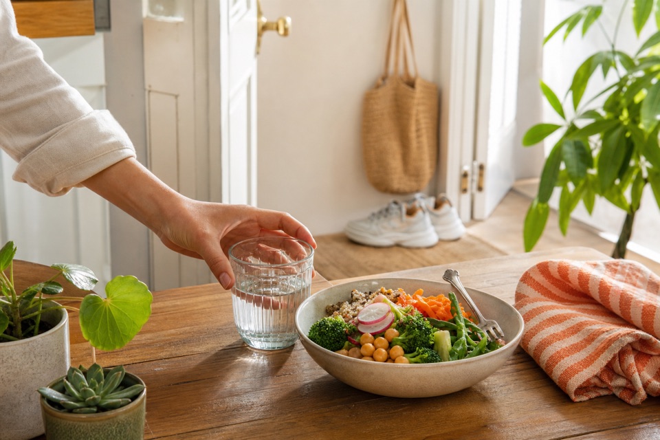 水と野菜料理と歩くための靴を用意した生活風景