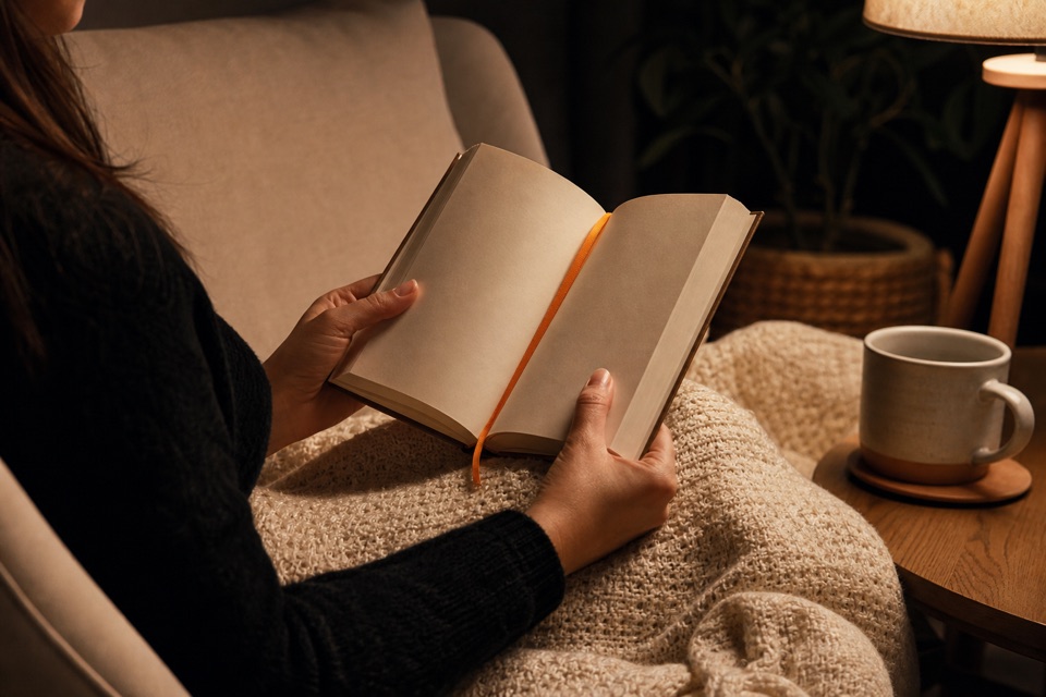 暖かな明かりの下で本を読む様子