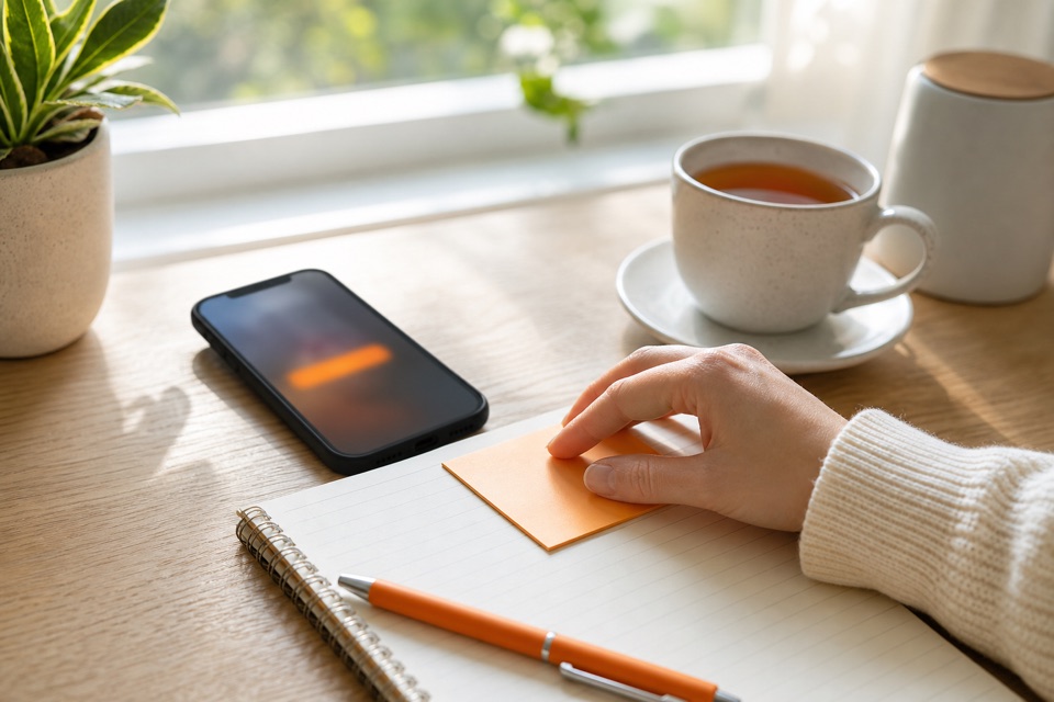 スマートフォンの通知とノートを確認する手元